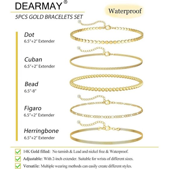 Gold Bracelets for Women Waterproof - 14K Gold Plated  Women\'s Waterproof 14K Gold Plated Jewelry Trendy Thin Dainty Cuban Stackable